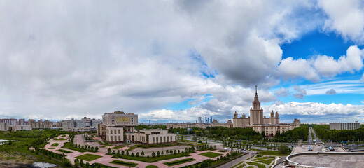 Old  university campus under dramatic sky with stormy clouds in Moscow