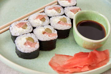 Fresh sushi rolls on a plate