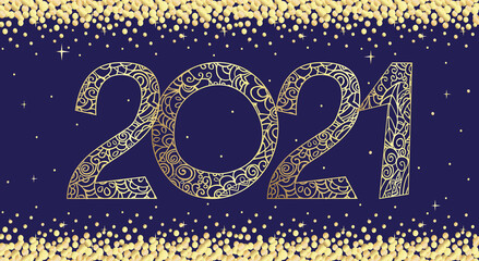 2021. New Year banner with openwork numbers and flying confetti. Golden vector gradient on a dark blue background.