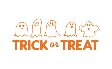 Cute cartoon ghost with trick or treat text design. Funny Halloween illustration.