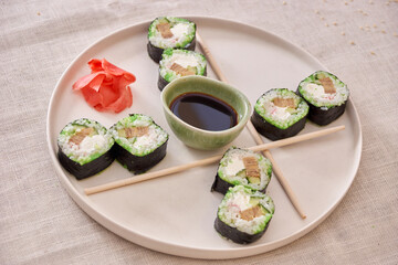 Fresh sushi rolls on a plate