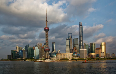 Shanghai Pudong Skyline at Yangtze in late afternoon light