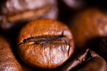Macro shot of roasted coffee beans background