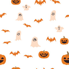 Obraz na płótnie Canvas Halloween pumpkins, bats and ghosts seamless pattern. Cute illustrations background.