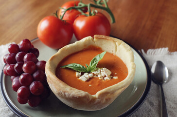 Tomato basil soup in a homemade bread bowl.