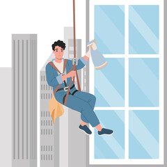 Professional worker cleaning windows. Skyscraper cleaning service. Cartoon vector illustration