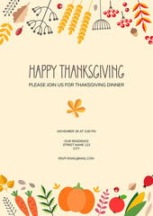 Happy Thanksgiving. Thanksgiving day dinner invitation backround with vegetables, berries, autumn leaves and hand drawn lettering isolated on a white background. Vector illustration 8 EPS.