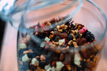 Fruit tea in a glass jar.