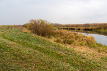 autumn rural natural landscape with calm river water reflecting yellow trees and dry grass in cloudy day