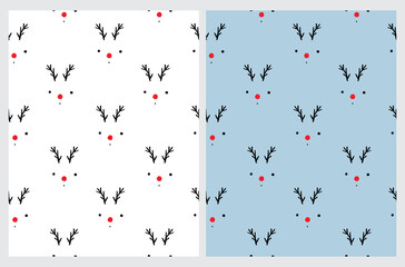Cute Reindeer Seamless Vector Patterns. Infantile Style Hand Drawn Reindeer with Red Nose and Black Antlers Isolated on a White and Pastel Blue Background. Lovely Infantile Style Christmas Repeatable 
