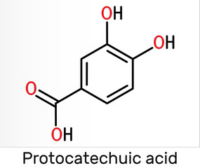 Protocatechuic acid, PCA molecule. It is 3,4-dihydroxybenzoic, phenolic acid, metabolite of antioxidant polyphenols, catechol, is found in green tea. Skeletal chemical formula