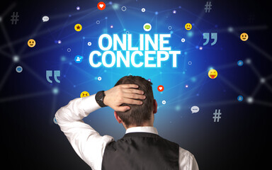 Rear view of a businessman with ONLINE CONCEPT inscription, social networking concept