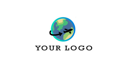 Earth - logo. Airplane flying over the planet