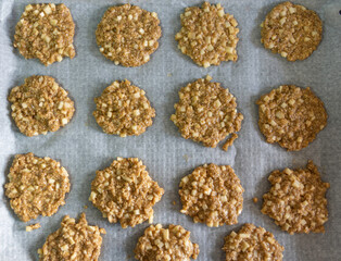 delicious homemade oatmeal cookies healthy food, in the oven tray