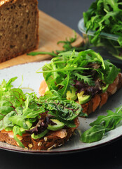 Sandwiches with salmon, avocado and salad