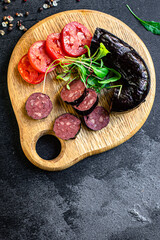 blood sausage and vegetables meal ingredient on the table tasty serving size portion top view copy space for text food background rustic keto or paleo diet