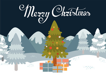Cute cartoon vector Christmas tree with toys and presents, gift. Merry christmas and happy new year postcard. Vintage greetings. Winter landscape with forest, snow and mountains.