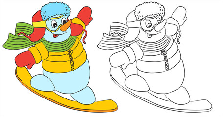 Vector funny snowman character dressed as santa snowboarding. Black and white outline for coloring books