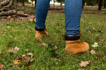 Detail photo of a pair of yellow boots walking across the countryside during the fall season