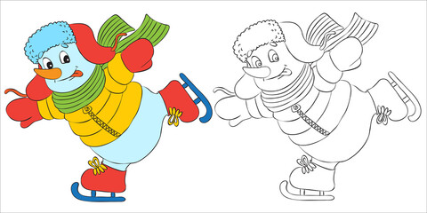 Vector funny snowman character dressed as santa skating. Black and white outline for coloring books