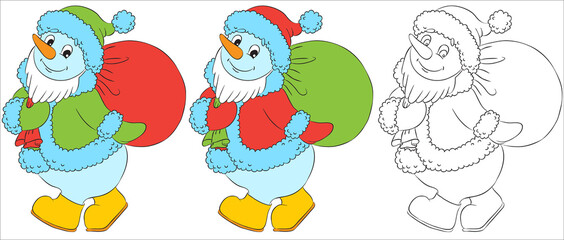 Vector funny snowman character dressed as santa. Black and white outline for coloring books