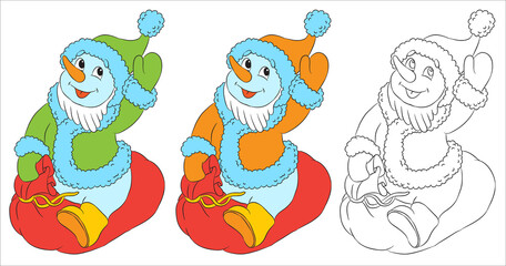 Vector funny snowman character dressed as santa. Black and white outline for coloring books