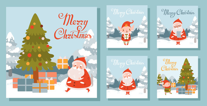 Set of vector Christmas square illustrations with Santa and elves. Winter landscape. Christmas tree, winter snow landscape. Collection of merry christmas cards, prints. Blue background. 