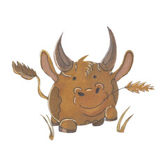 Funny hand drawn illustration with bull in cartoon style.