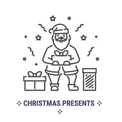 Vector graphic illustration on a white background. Concept icon in line design. Santa Claus with gifts. Symbol, sign, logo, emblem.