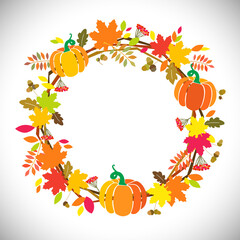 Naklejka na ściany i meble Fall season sign. Holiday wreath Hello Autumn! Creative congrats with pumpkins. Bright door decoration red, orange and yellow colors. Decorative symbol. Isolated abstract graphic design template.