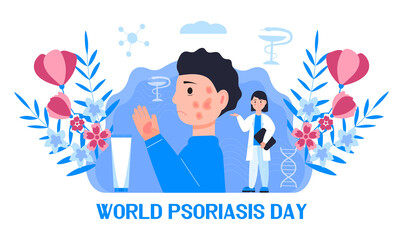 World psoriasis day in October 29th concept vector. Sad cute boy with disease of the skin and dermatological problems. Doctor treat patient. Health care concept vector for flyer