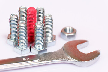 Closeup of pink bolt n a group of galvanized metallic screws, wrench and nut. Dissimilarity,...