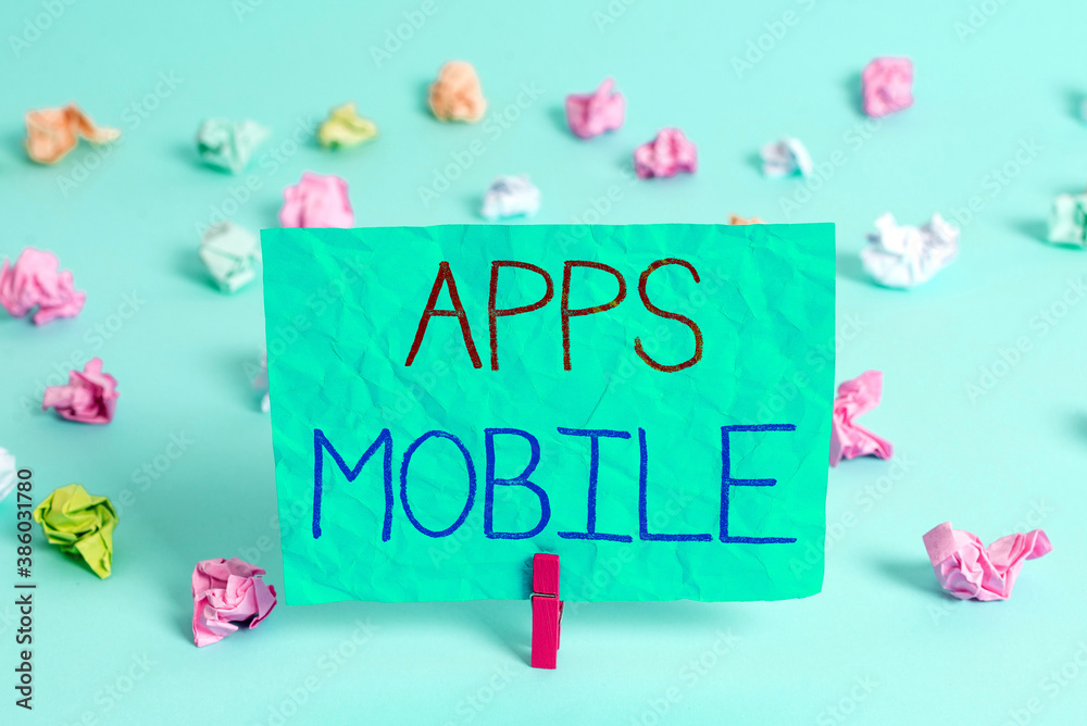 Poster handwriting text writing apps mobile. conceptual photo computer program designed to run on phone han