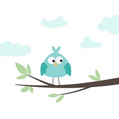 Vector illustration of a cute little bird sitting on a tree branch