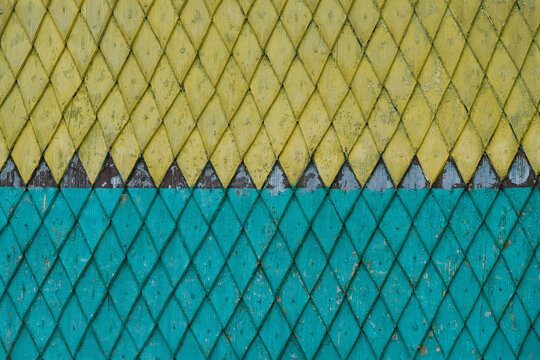 Shingle wooden wall of the house. Wooden shingle also known as gont in Ukraine. Copy space.