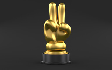 Gold peace gesture hand icon on black background. Showing two fingers trophy. 3d illustration