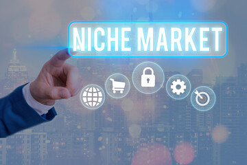 Conceptual hand writing showing Niche Market. Concept meaning Subset of the market on which...