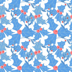 Seamless pattern with holly. Christmas background in blue, red and white colors. Flat hand drawn illustration.
