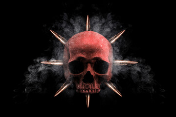 Photo collage of red human skull, bullets and smoke. Crime, war concept. 