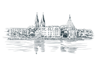 Fototapeta premium Hand drawn sketch Brandenburg State Orchestra. Peace Church, Friedenskirche. Concert Hall Carl Philipp Emanuel Bach. Frankfurt an der Oder , Germany. Vector
