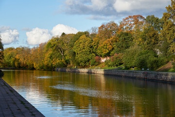 Fototapeta premium Riverside of Aura river in autumn colors with blue sky on the background. Copy space.
