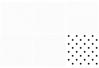 Black and white seamless circles, dots, speckles pattern set. Monochrome stipple, stippling, halftone background set. Vector