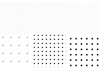 Black and white seamless circles, dots, speckles pattern set. Monochrome stipple, stippling, halftone background set. Vector - obrazy, fototapety, plakaty