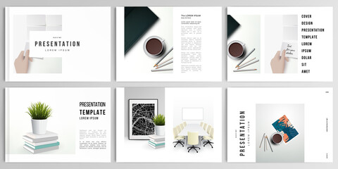 Vector layouts of presentation design templates for brochure, cover design, flyer, book design, magazine, poster. Home office concept, study or freelance, working from home. - obrazy, fototapety, plakaty