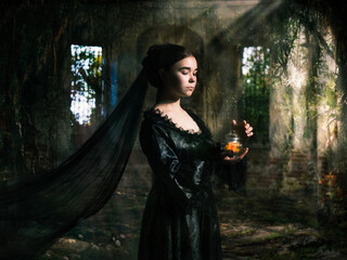 Mystical portrait of a sorceress with a potion