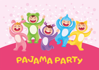 PAJAMA PARTY POSTER DESIGN WITH CHARACTERS HARE, BEAR, DEER, UNICORN, CAT