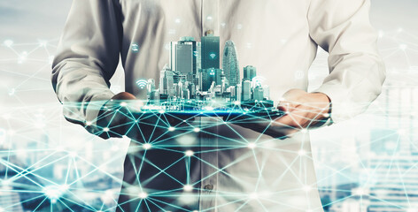 The modern creative communication and internet network connect in smart city . Concept of 5G...