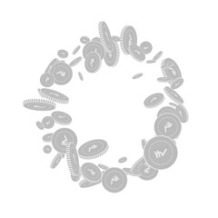 Indian rupee coins falling. Scattered black and wh