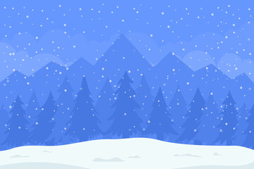 Winter background with mountains and fir trees in snow. Christmas and New Year vector illustration.