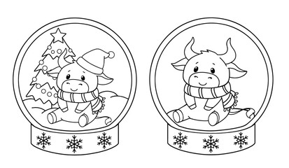 Set of two cows sitting in the crystal ball. Christmas contour vector illustration for children coloring book.